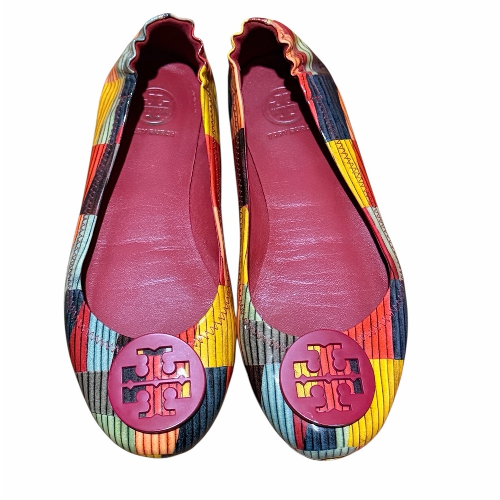 TORY BURCH Minnie Patchwork Ballet Flats patent leather  RARE 🩷❤️💙